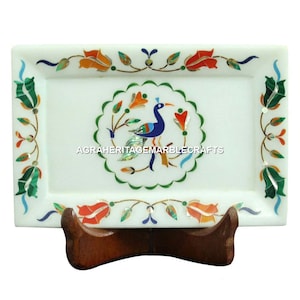 White Marble Serving Tray Multi Inlay Peacock Design Kitchen Decorative