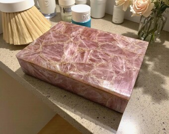 Handmade Pink Rose Quartz Jewelry Box : Crystal Stone Keepsake Boxes