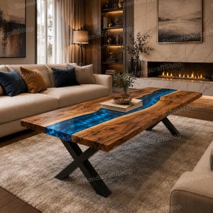 Handgemaakte blauwe epoxy rivier eettafel, acaciahout keukenplaat met live edge, luxe bar aanrecht buitendecor