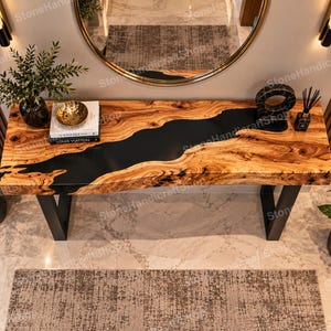 Consolle e tavoli in resina epossidica nera, tavolo d'ingresso in legno di acacia noce con bordo naturale, tavolo di lusso con effetto fiume per corridoio, mobili decorativi fatti a mano