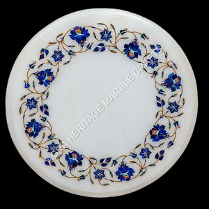 Lapis Lazuli Inlay Floral Handicrafts Arts Round Marble Coffee Center Table Top Bedroom Home Decor