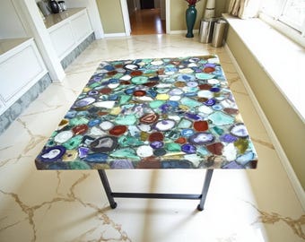 Mix Agate Stone Dining Table : Handmade Kitchen Slabs Luxury Furniture for Your Modern Home