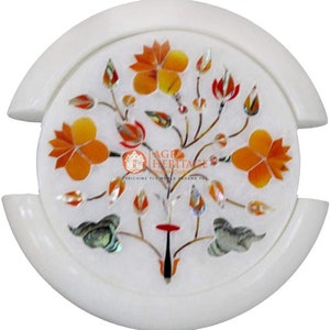 Carnelian Floral Marble White Coffee Coaster Set Kitchen Decor