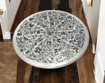 Round Marble Inlay Coffee Table: Mother of Pearl Gemstone Art