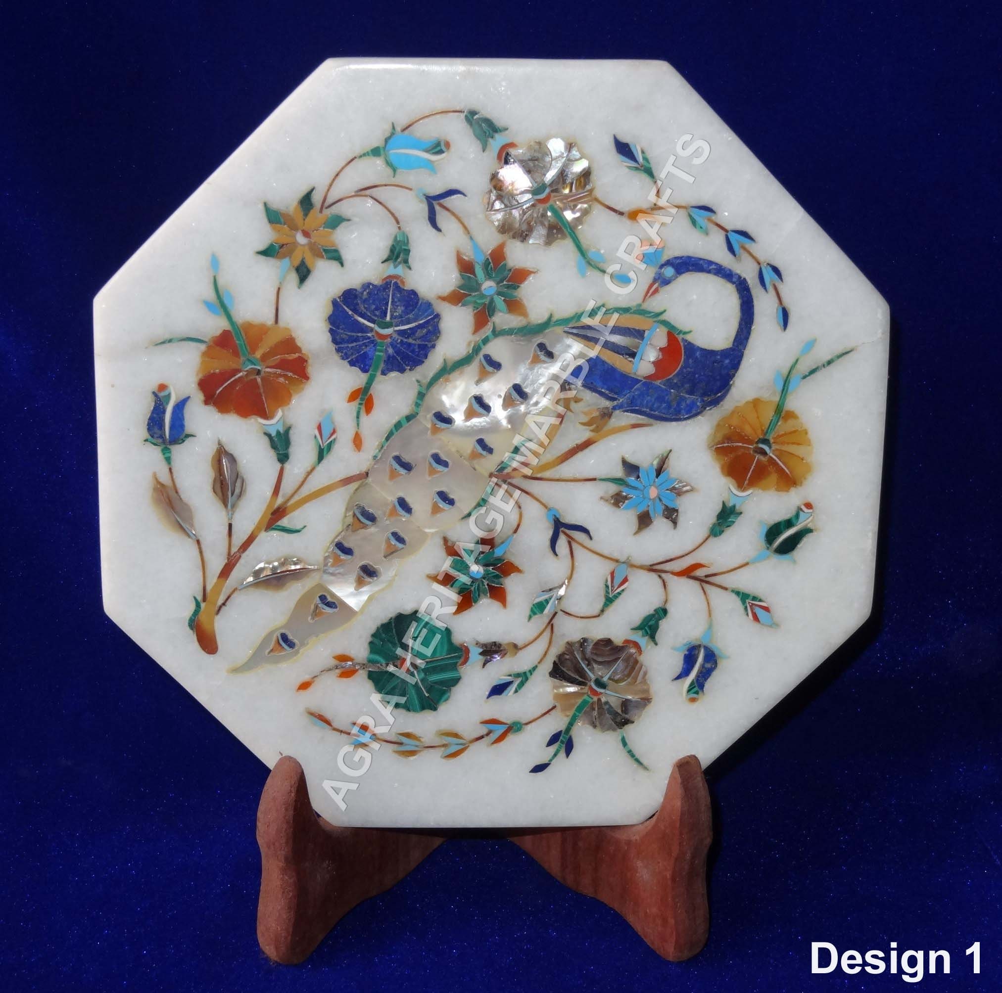 White Marble Designer Octagon Tiles Multi Peacock Floral Inlay Art Floor Living Room Decor