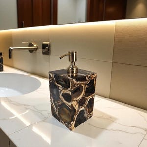 Handcrafted Agate Soap Dispenser: Golden Pump, Natural Stone Bath Decor