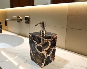 Dispensador de jabón artesanal de ágata: Bomba dorada, decoración de baño de piedra natural