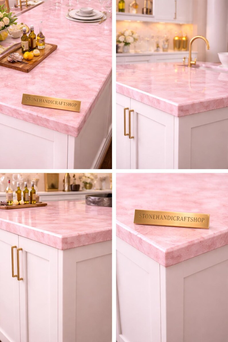May include: Pink marble countertop with white cabinets and gold hardware. The countertop has a polished finish and is accented by a wooden tray with bottles and a sign that reads "STONEHANDICRAFTSHOP".
