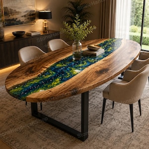May include: An oval dining table featuring a natural wood slab with a live edge and a central river inlay made of swirling blue and green resin. The table is supported by a black metal frame and is surrounded by four beige upholstered chairs.