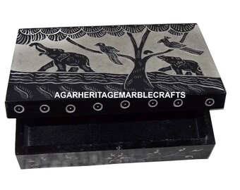 Schwarzer Marmor Schmuck Schmuck Aufbewahrungsbox Hand geschnitzt Elefant Vogel Design Mädchen Geschenk Dekorative