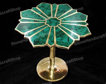 Luxury Malachite Side Table, Handmade Round Accent Table with Floral Design, Green Stone Table for Elegant Home Decor