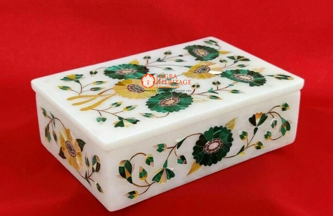 花模様の大理石製小物入れ：手作りジュエリーボックス（6インチ×4