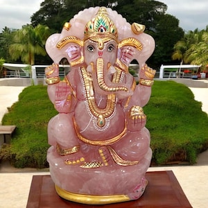 Natural Rose Quartz Ganesh Statue | Hand-Painted Ganesh Figurine | Large Ganesha Sculpture | Entryway & Home Decor | Housewarming Gift