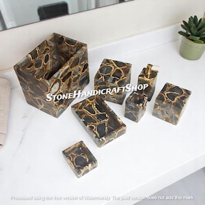 Handcrafted Agate Bathroom Set 7 Piece Bathroom Accessories Tooth Brush Holder, Tissue Box & More Elegant Stone Bath Decor