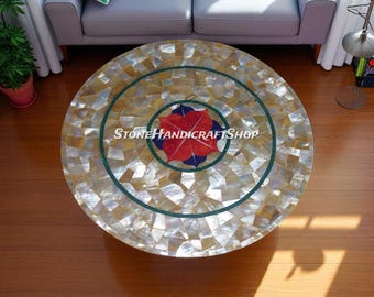 Mother of Pearl Coffee Table: Round Marble Inlay, Handmade Centerpiece