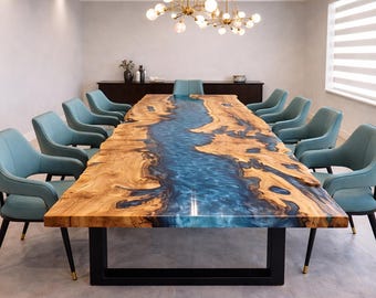 Live Edge Epoxy River Table Solid Wood & Blue Resin Conference Table Modern Dining Table with Black U Shape Metal Legs Custom Office Table