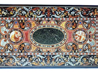 60"x30" Black Marble Table Top, Center Table, Pietra Dura Inlay Marquetry Art, Handmade Work, Hallway Furniture Decors