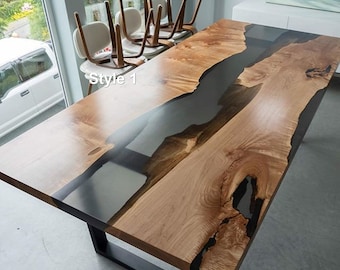 Acacia Wood Dining Table, Clear Epoxy Resin River Design
