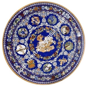 60&quot; Blue Lapis Lazuli Coffee Table Top, Round Marble Center Table, Semiprecious Inlay Marquetry Arts, Handmade Furniture, Hallway Decors