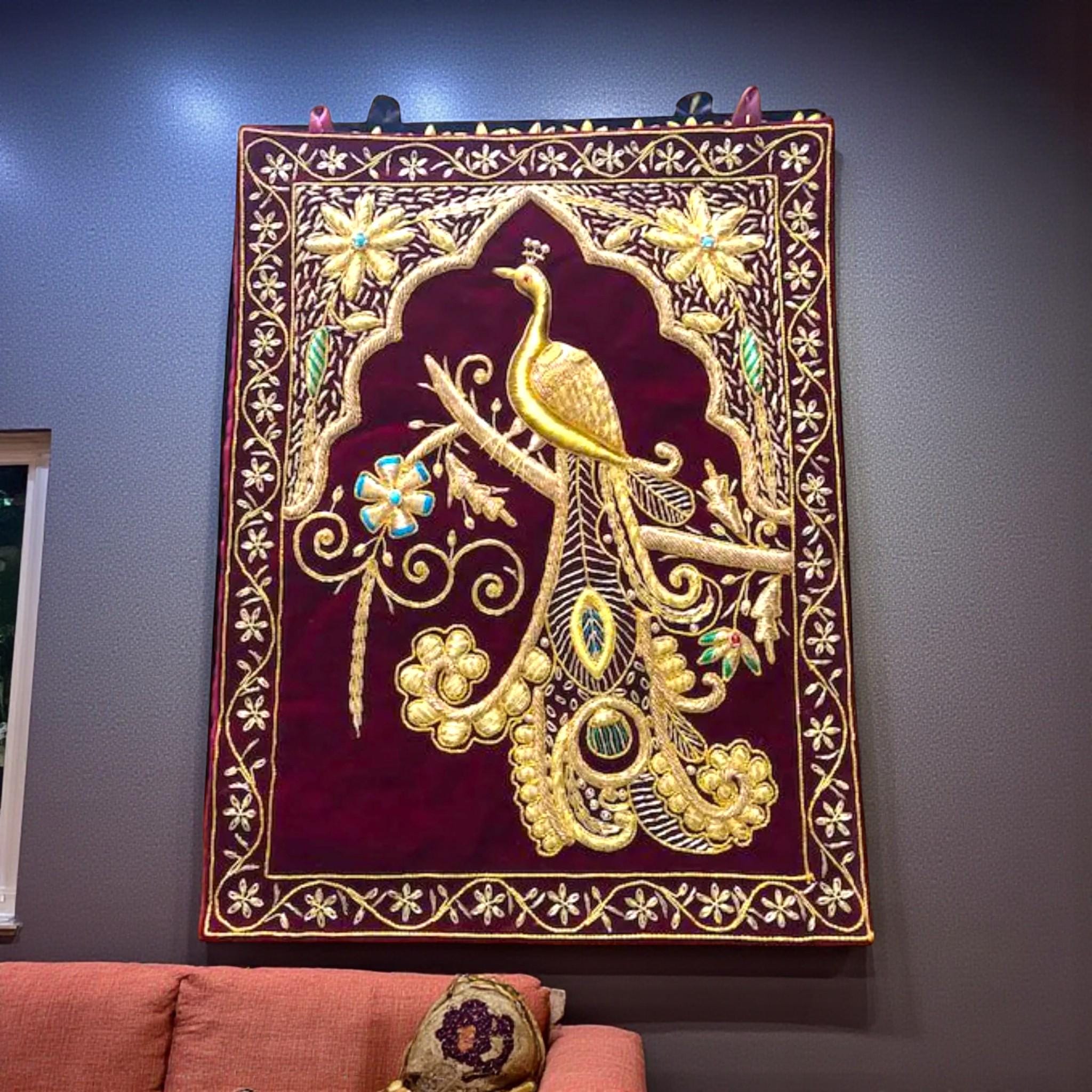 Red Velvet Peacock Wall Hanging, Gold Zardozi Embroidery Art