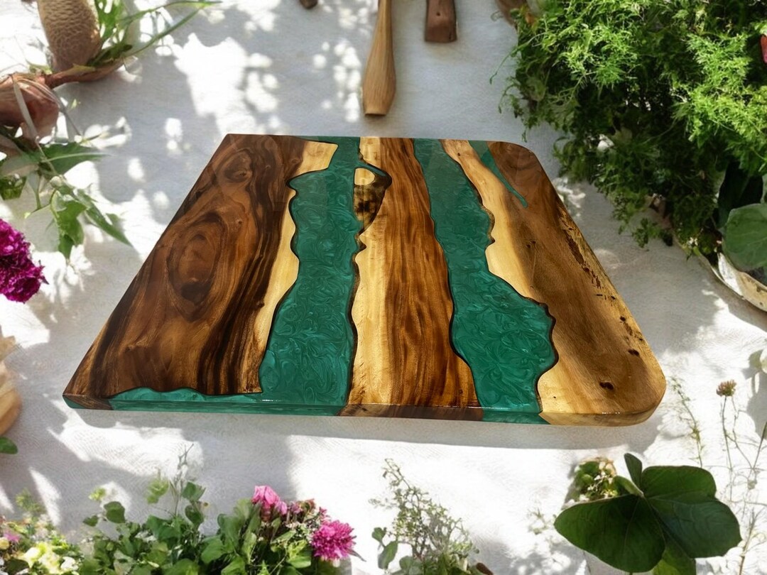 Natural Wood Green Epoxy Dining Table Sofa Center Mid Century Modern Arts Console Bar Office ...