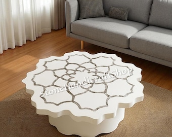 White Marble Coffee Table Top: Floral Pietra Dura Inlay Art