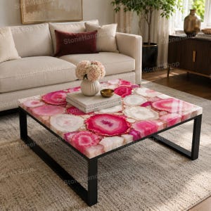 Pink Agate Coffee Table Square Gemstone Stone Luxury Center Table Furniture For Home Decors