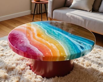 May include: A round coffee table with a vibrant, colorful top. The tabletop features a layered design with shades of red, orange, yellow, and blue. The base is a solid, cylindrical shape in a deep red color. The table sits on a fluffy, light-colored rug.