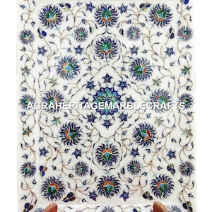 White Marble Serving Tray Lapis Lazuli Malachite Inlay Marquetry Floral Design Kitchen Decor Gift