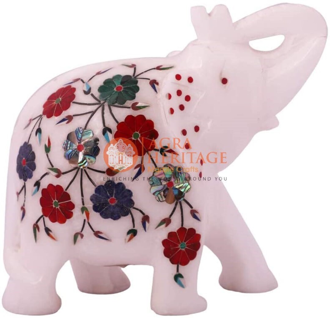 6 White Marble Elephant Statue Multi Inlay Stone Etsy UK