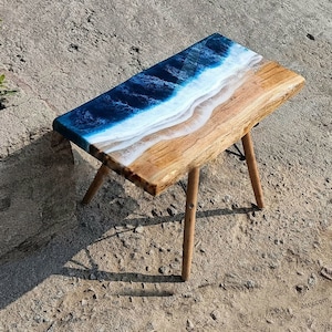 Ocean Wave Epoxy Table, Live Edge Wood, Resin River Desk