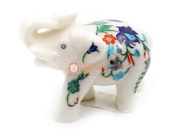 White Marble Real Lapis Multi Color Stone Art Elephant Statue Decor