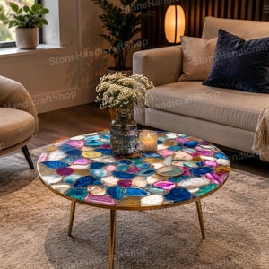 Multicolor Agate Coffee Table, Round Gemstone Slice, Handmade Modern Home Decor