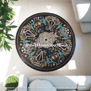 Handcrafted Black Marble Inlay Coffee Table with Semi Precious Gemstone Pietra Dura Art Modern Furniture for Housewarming Decors