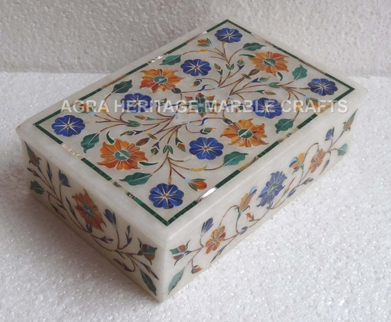 6x4x2 White Marble Jewelry Box Multi Semi Precious Gem Stones Floral Marquetry Inlay Wedding Gifts