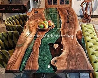 Eettafel groene epoxyhars acaciahout: keukenmeubels Live Edge