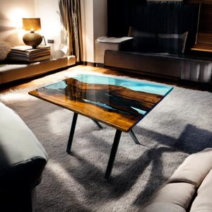 Mesa de centro de epoxi transparente hecha a mano: muebles de salón modernos de mediados de siglo