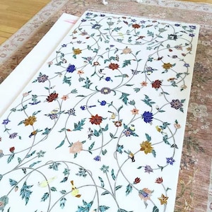 White Marble Dining Exclusive Table Top Semi Precious Stone Handmade Work Leaf Design Inlay Pietra Dura Marquetry Art Kitchen Slab Home Deco