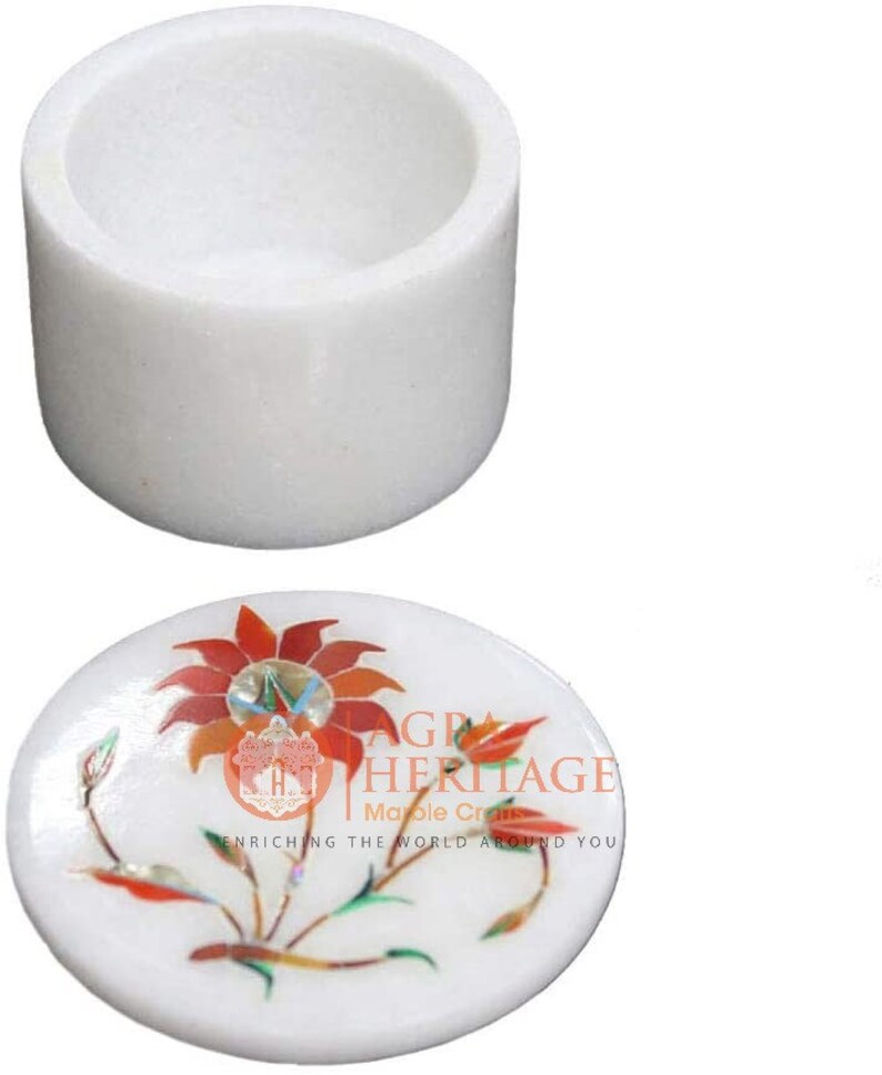 2x2 Marble White Handmade Trinket Ring Box Carnelian Floral Marquetry Art Veterans Gift