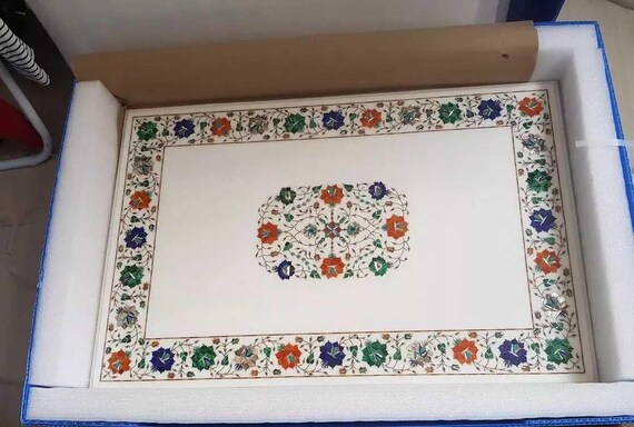 Floral Mosaic White Marble Table Top: Handmade Inlay Art (3'x2')