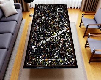 Black Marble Dining Table Top: Gemstone Inlay, Pietra Dura Art