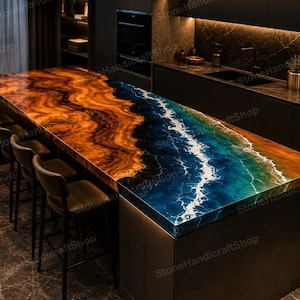 May include: A rectangular kitchen island countertop featuring a live edge wood slab with a rich brown grain pattern joined to a blue and green resin section that mimics ocean waves with white foam details, paired with four dark bar stools.