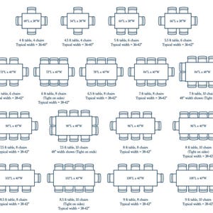 May include: Diagram of various rectangular dining tables with chairs, showing dimensions in feet and inches. Includes tables from 4 ft to 9 ft long, with 4 to 10 chairs. Typical widths are 36-42 inches.