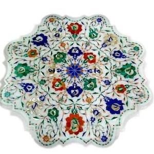 18&quot; White Marble Coffee Inlay Table Lapis Malachite Semi Precious Stones Pietra Dura work