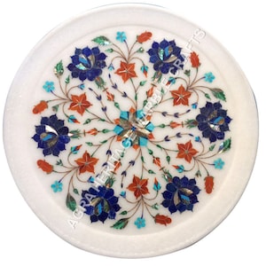 Marble Round Serving Plate Lapis Multi Marquetry Inlay Floral Arts Kitchen Home Decorative Personalized Gifts