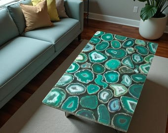 Tablero de mesa de comedor personalizado de ágata verde, losa de piedra preciosa natural