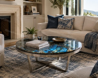 Mesa de centro redonda em labradorita com tampo de pedra preciosa e cristal, decoração moderna para casa, peça única de destaque.