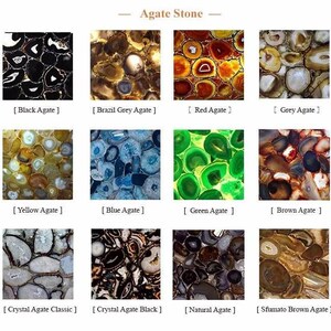 May include: A grid of twelve agate stone samples, each with a unique color and pattern. The samples include Black, Brazil Grey, Red, Grey, Yellow, Blue, Green, Brown, Crystal Agate Classic, Crystal Agate Black, Natural, and Sfumato Brown Agate.