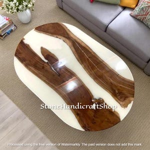 Oval Shape White Epoxy Coffee Table Natural Wood Sofa Centerpiece Custom Made Furniture Console Bar Top Office Interior & Cafeteria Decor