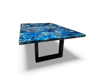 Blue Agate Stone Coffee Table, Handmade Luxury Dining Slab Furniture